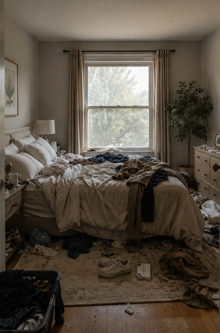 Untidy bedroom before cleaning
