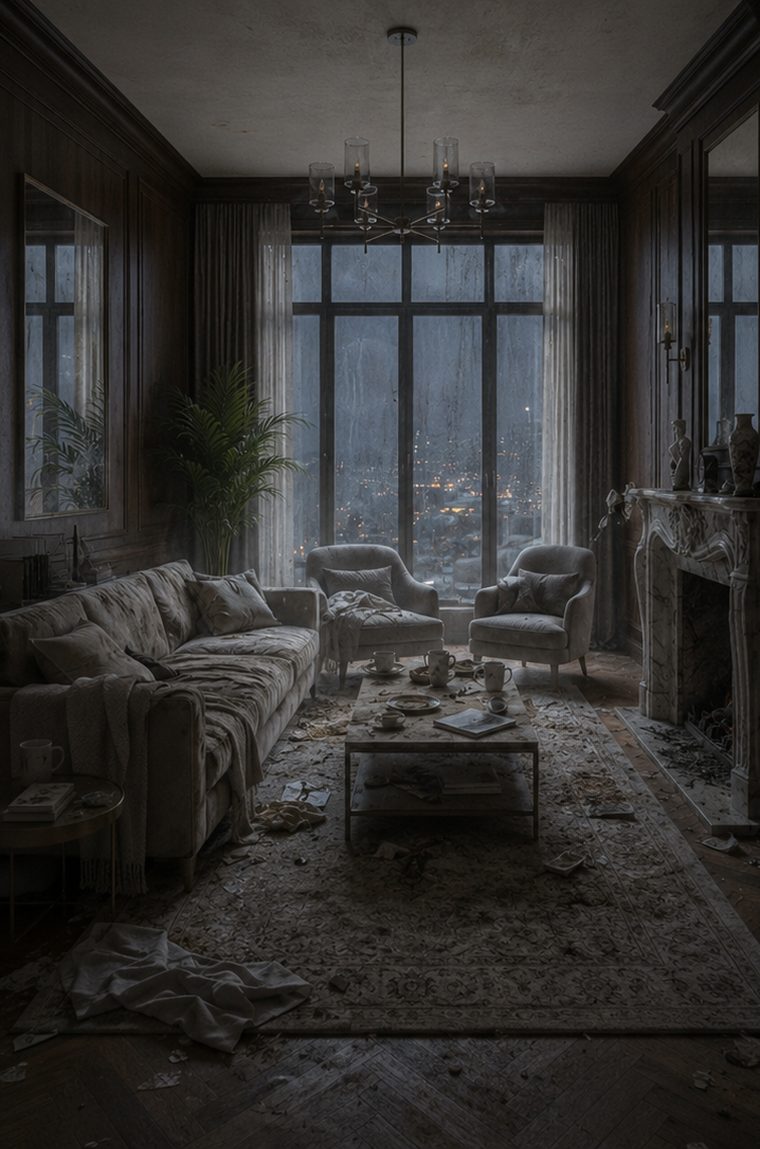 Dusty living room before cleaning